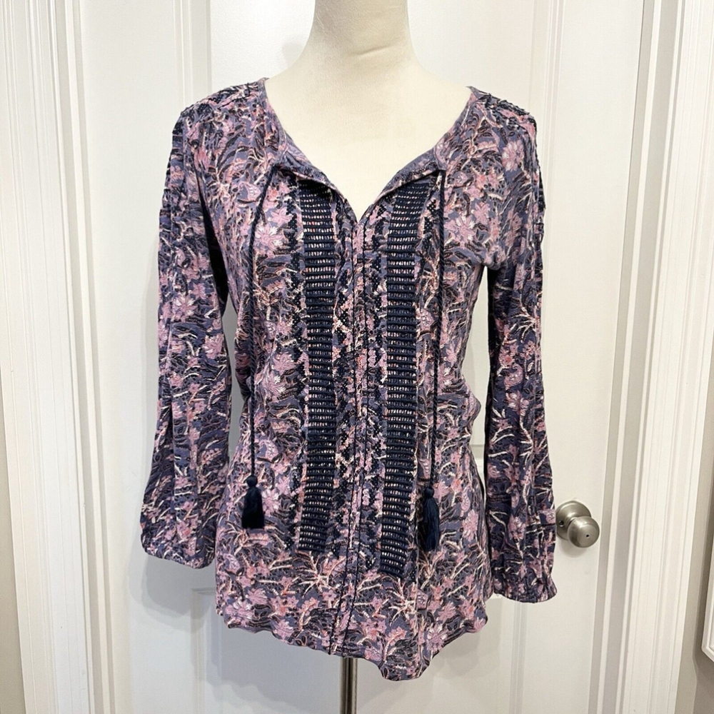 Lucky Brand Pink Purple Linen Blend Embroidered Peasant Top- SZ M